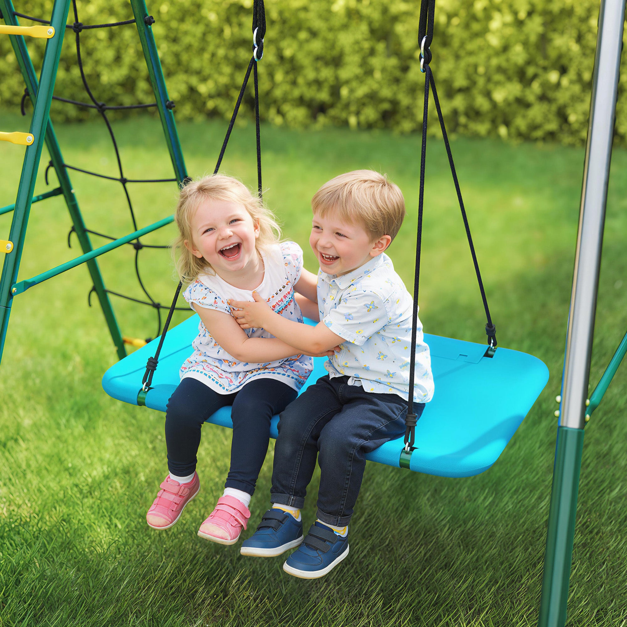 5-in-1 Kids Swing Set — Steel A-Frame (up to 771 lb) with Adjustable Nest Swing, Gym Rings, Double Seat & Climbing Frame, for Ages 3–8 — 440 x 175 x 203 cm (14'5" x 5'9" x 6'8")