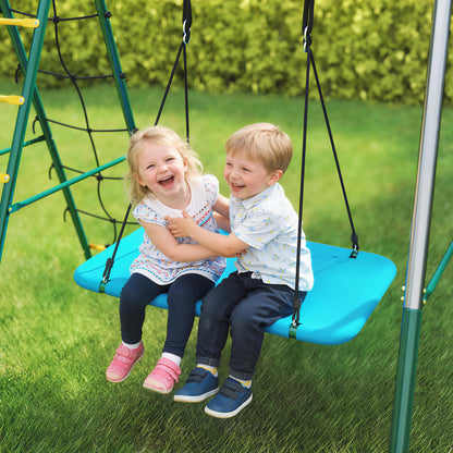 5-in-1 Kids Swing Set — Steel A-Frame (up to 771 lb) with Adjustable Nest Swing, Gym Rings, Double Seat & Climbing Frame, for Ages 3–8 — 440 x 175 x 203 cm (14'5" x 5'9" x 6'8")