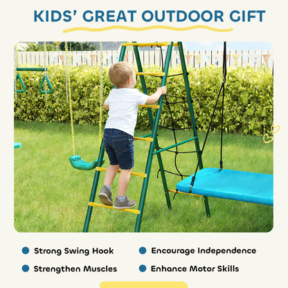 5-in-1 Kids Swing Set — Steel A-Frame (up to 771 lb) with Adjustable Nest Swing, Gym Rings, Double Seat & Climbing Frame, for Ages 3–8 — 440 x 175 x 203 cm (14'5" x 5'9" x 6'8")