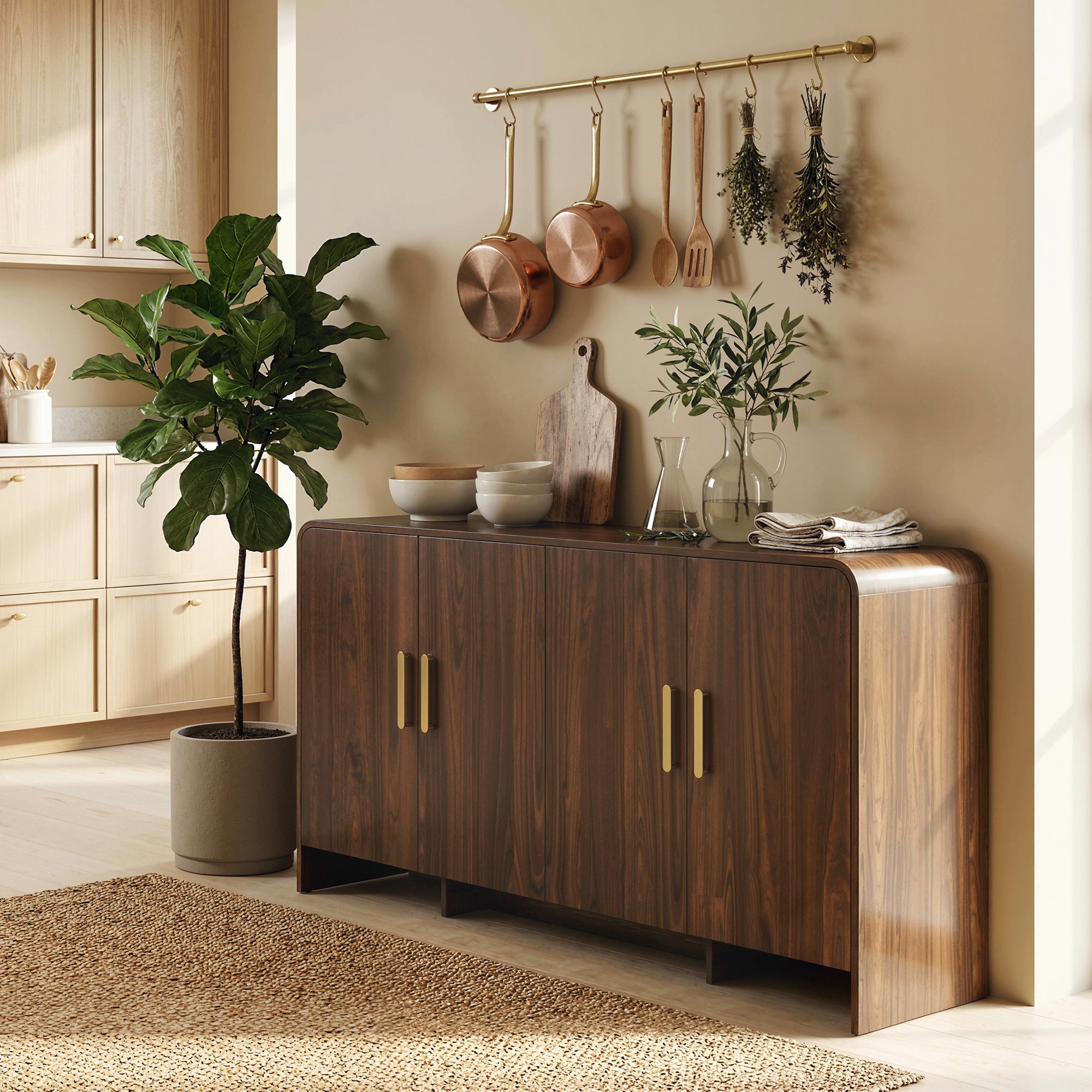 Modern Sideboard, 59.8 in Buffet Cabinet with 4 Storage Compartments, Soft-Close Doors, TV Stand for TVs up to 72 in, Walnut Brown