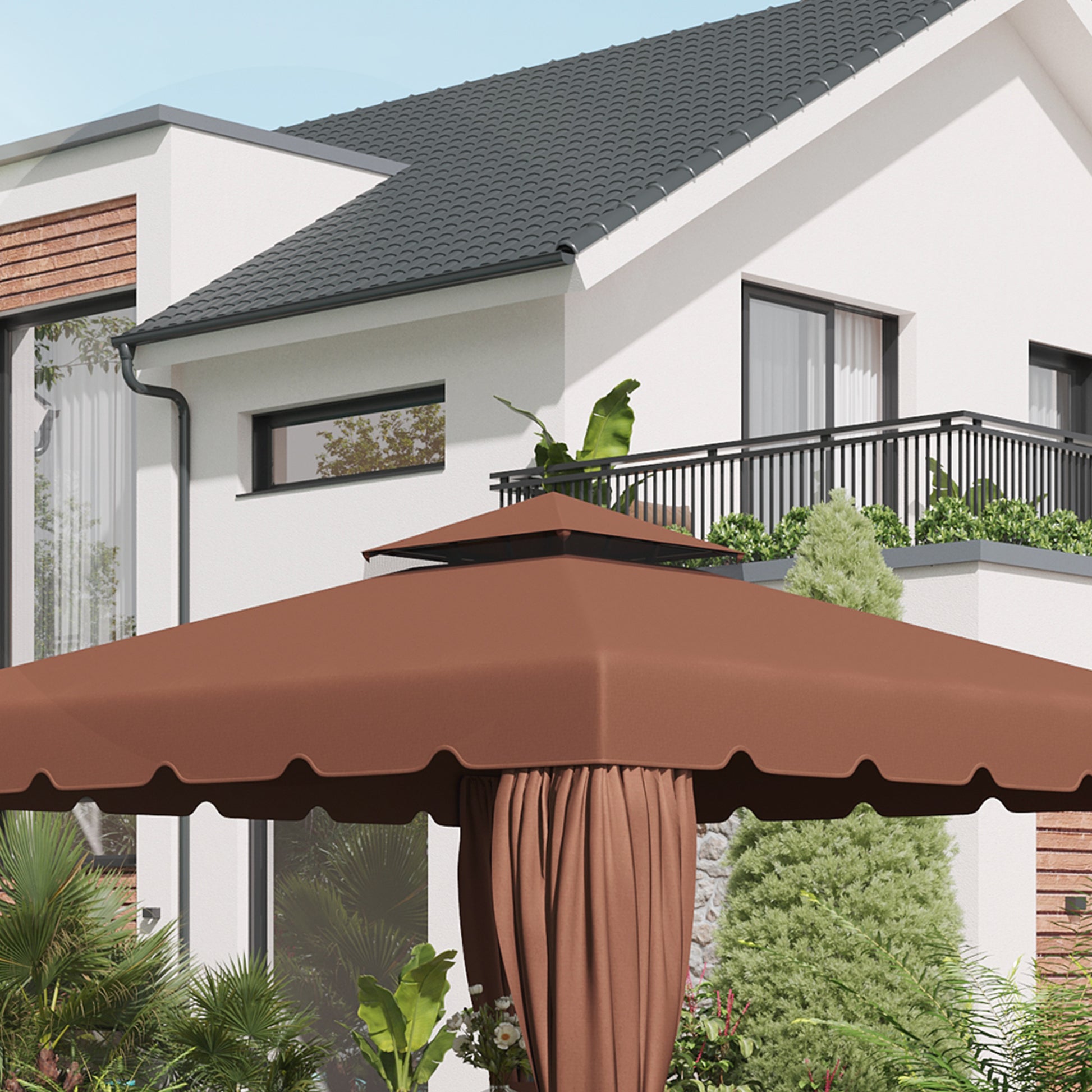 Replacement Canopy for 3x3m Gazebo Double Roof Replacement Cover with 8 Drainage Holes Replacement Canopy for Gazebo Pavilion Brown