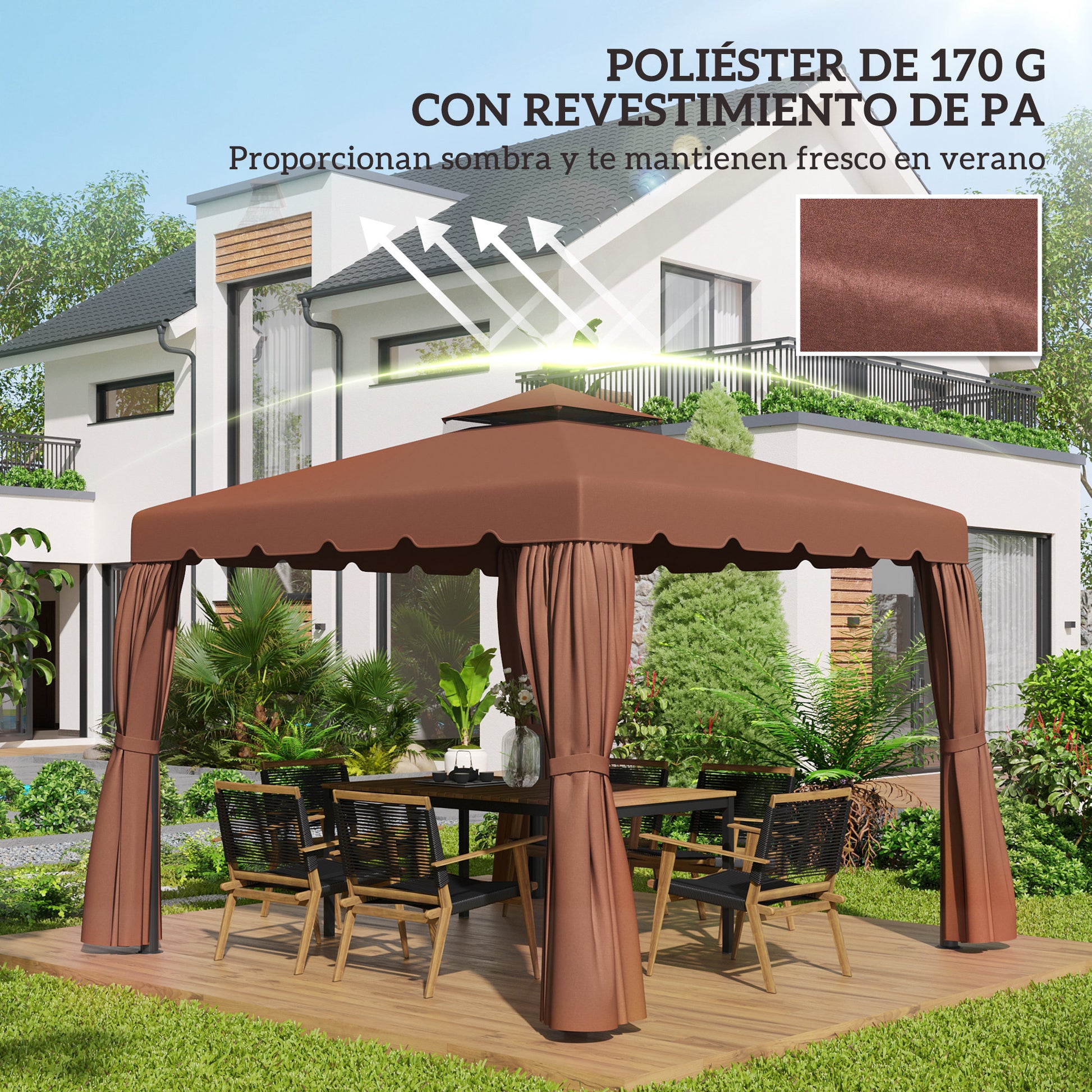 Replacement Canopy for 3x3m Gazebo Double Roof Replacement Cover with 8 Drainage Holes Replacement Canopy for Gazebo Pavilion Brown