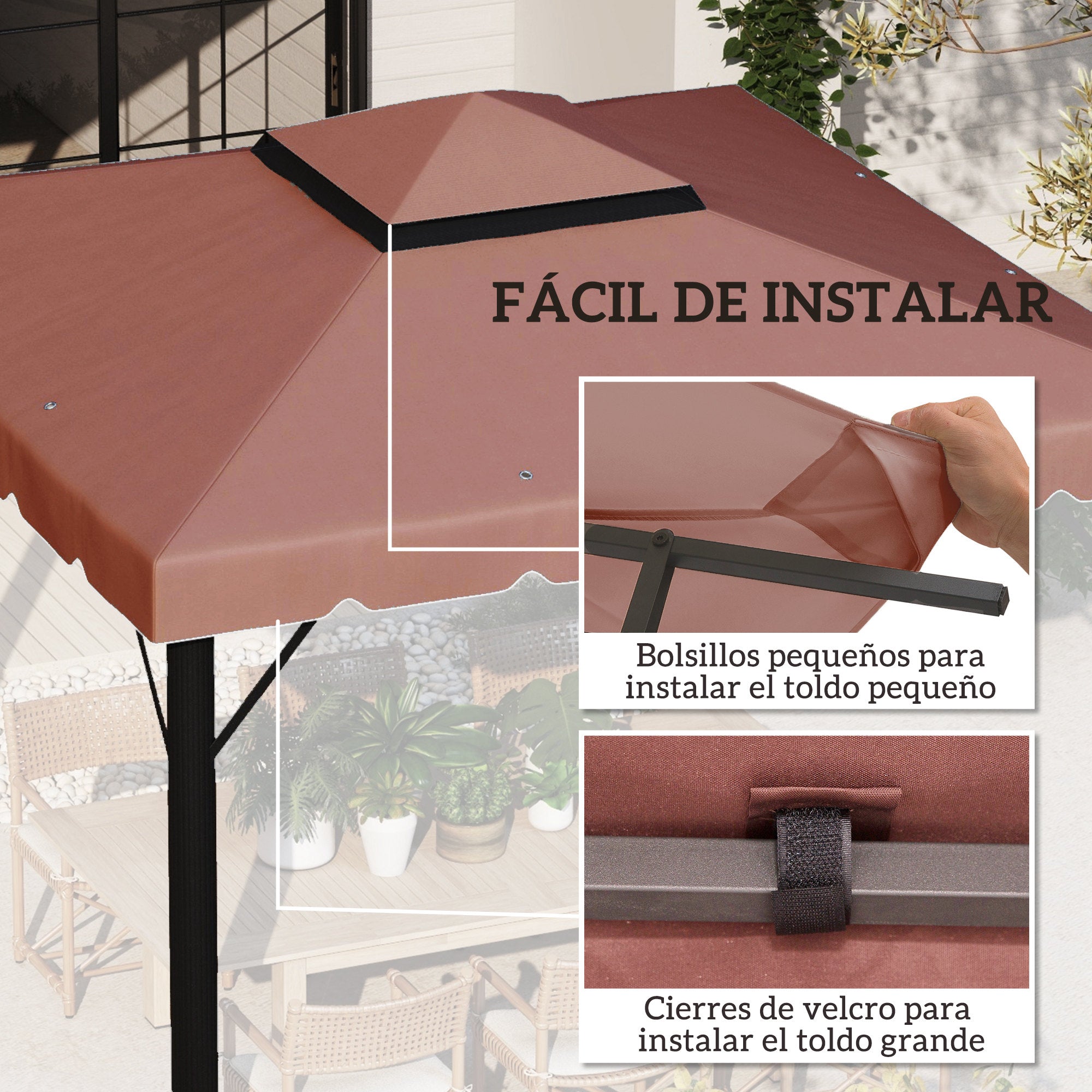 Replacement Canopy for 3x3m Gazebo Double Roof Replacement Cover with 8 Drainage Holes Replacement Canopy for Gazebo Pavilion Brown