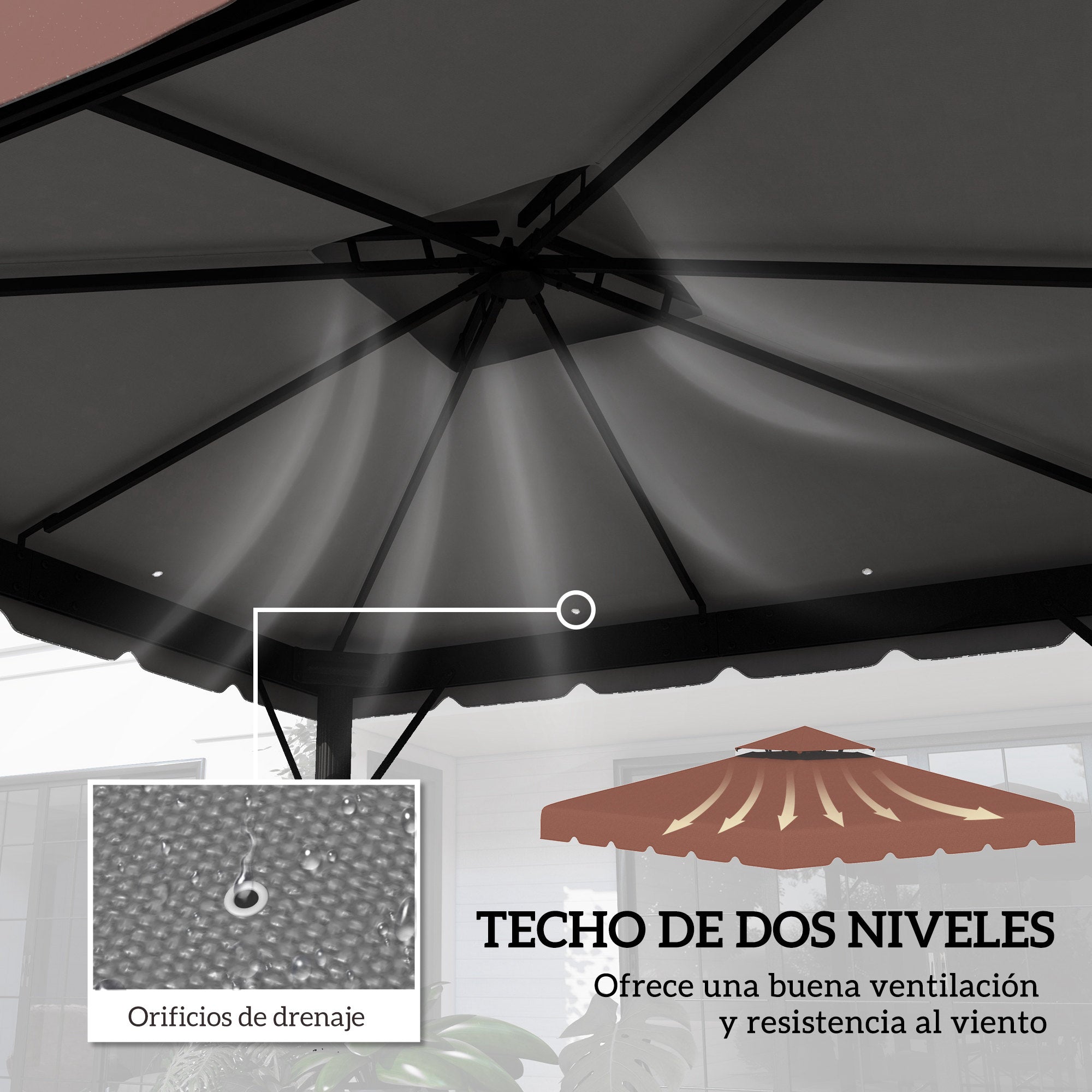 Replacement Canopy for 3x3m Gazebo Double Roof Replacement Cover with 8 Drainage Holes Replacement Canopy for Gazebo Pavilion Brown