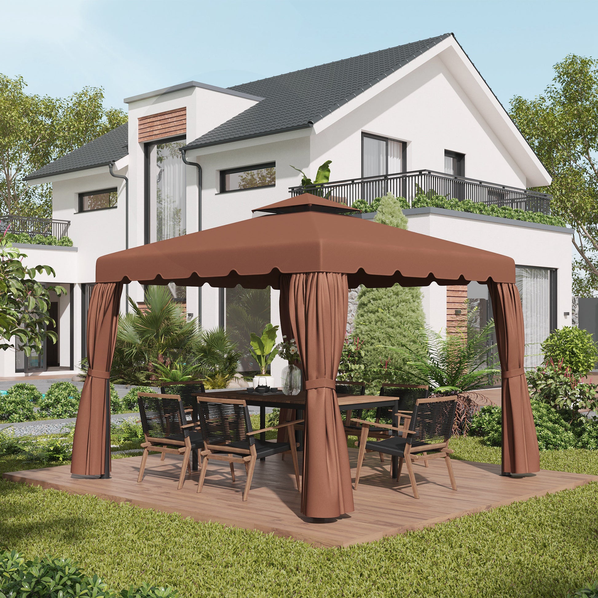 Replacement Canopy for 3x3m Gazebo Double Roof Replacement Cover with 8 Drainage Holes Replacement Canopy for Gazebo Pavilion Brown