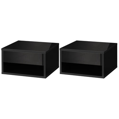 Set of 2 wall-mounted bedside tables nightstand - sliding drawer, niche, tabletop - wood dim. 37L x 32W x 21H cm black