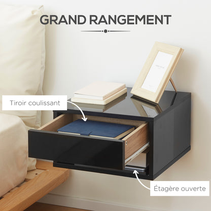 Set of 2 wall-mounted bedside tables nightstand - sliding drawer, niche, tabletop - wood dim. 37L x 32W x 21H cm black