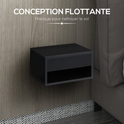 Set of 2 wall-mounted bedside tables nightstand - sliding drawer, niche, tabletop - wood dim. 37L x 32W x 21H cm black