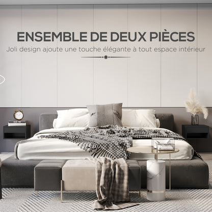 Set of 2 wall-mounted bedside tables nightstand - sliding drawer, niche, tabletop - wood dim. 37L x 32W x 21H cm black