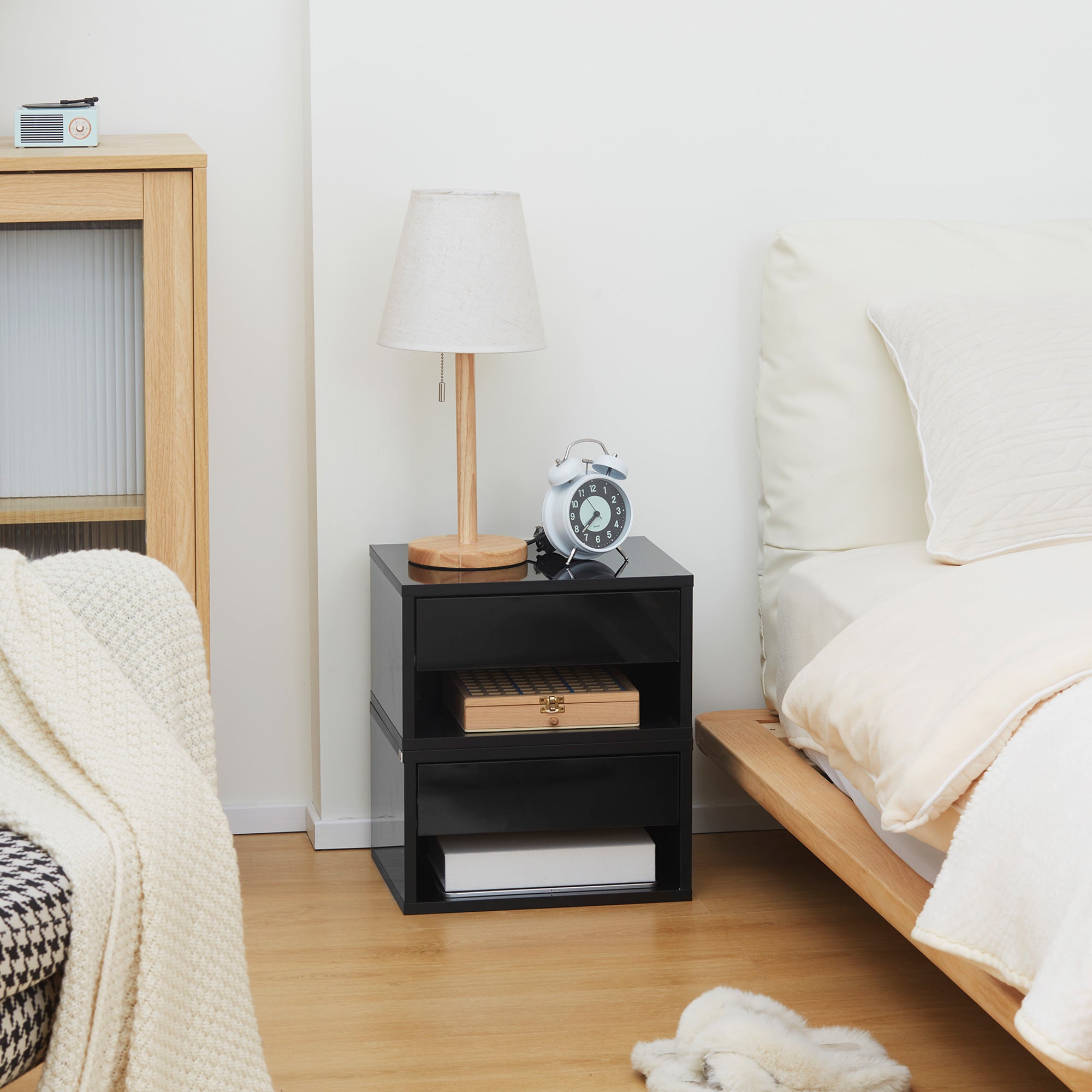 Set of 2 wall-mounted bedside tables nightstand - sliding drawer, niche, tabletop - wood dim. 37L x 32W x 21H cm black