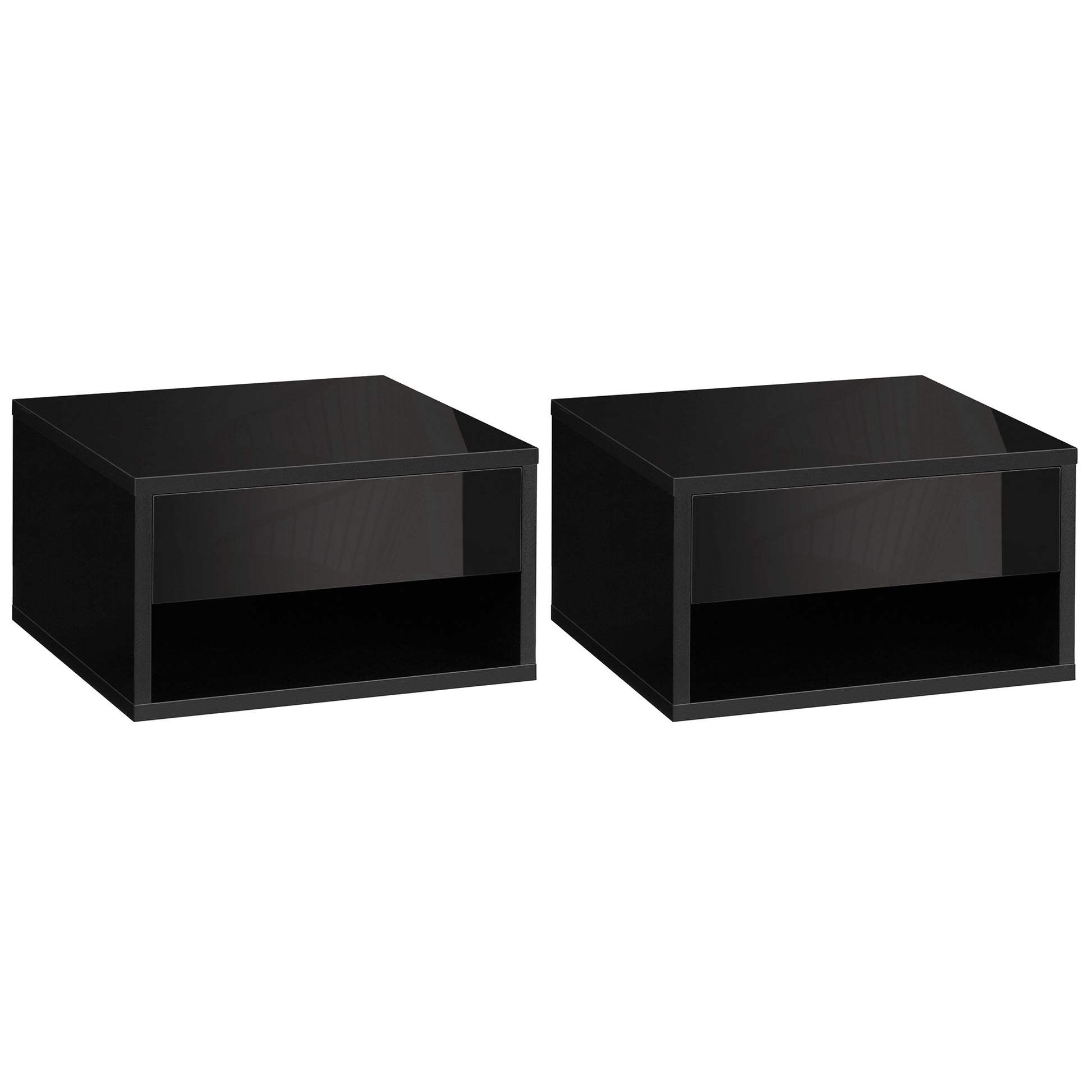 Set of 2 wall-mounted bedside tables nightstand - sliding drawer, niche, tabletop - wood dim. 37L x 32W x 21H cm black