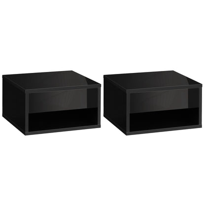 Set of 2 wall-mounted bedside tables nightstand - sliding drawer, niche, tabletop - wood dim. 37L x 32W x 21H cm black