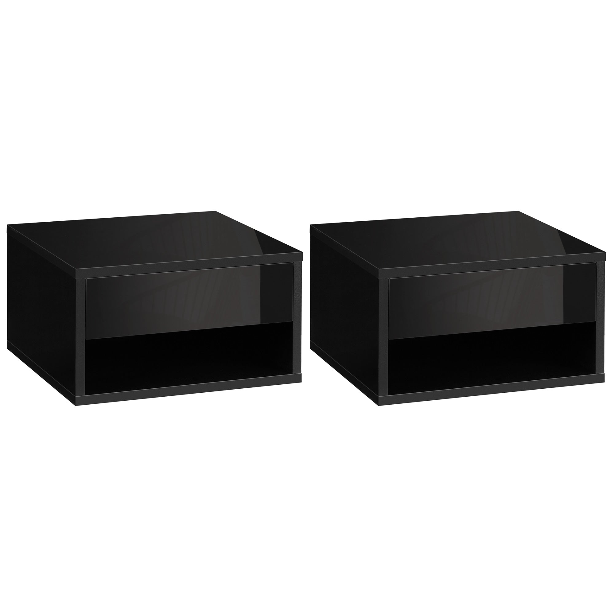 Set of 2 wall-mounted bedside tables nightstand - sliding drawer, niche, tabletop - wood dim. 37L x 32W x 21H cm black