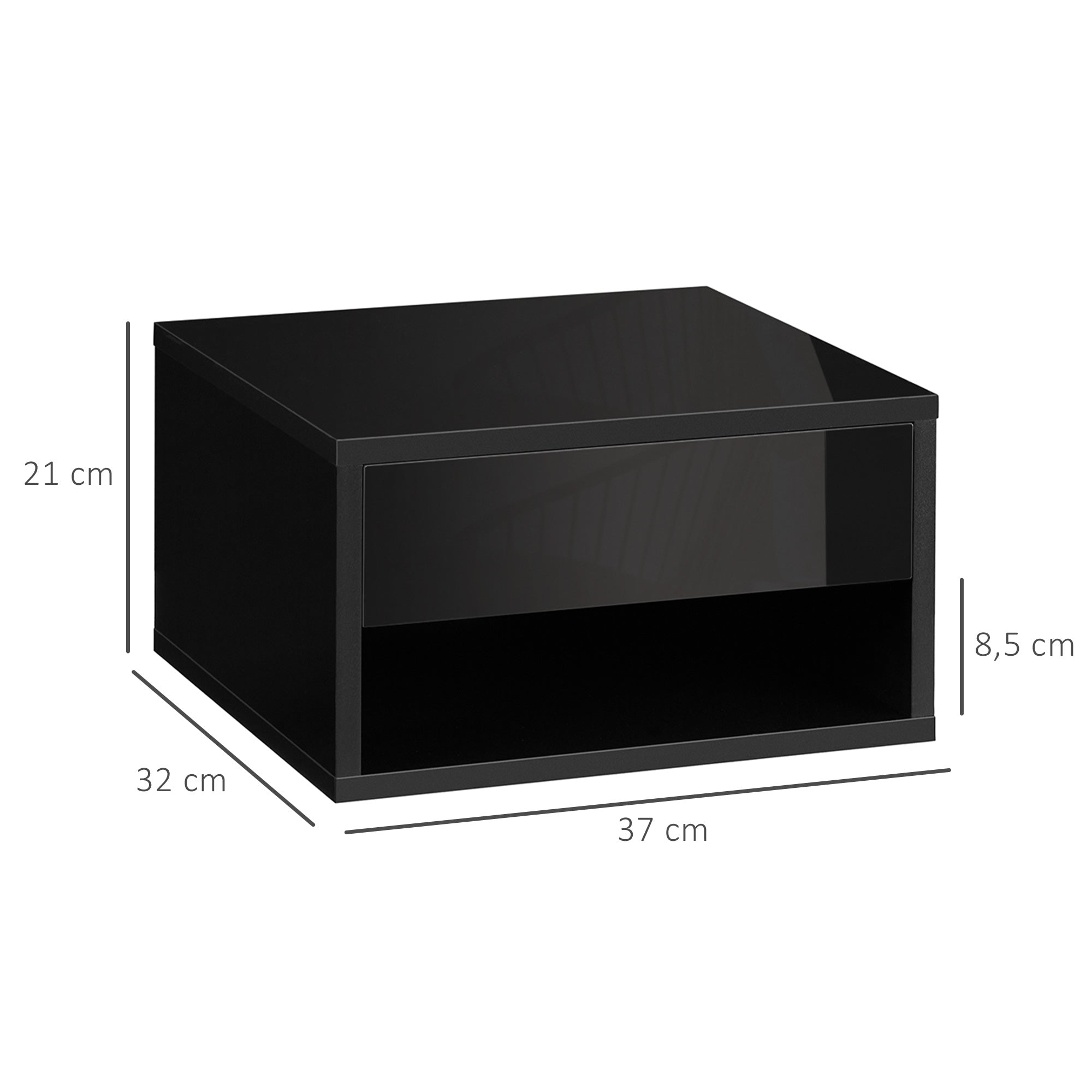 Set of 2 wall-mounted bedside tables nightstand - sliding drawer, niche, tabletop - wood dim. 37L x 32W x 21H cm black
