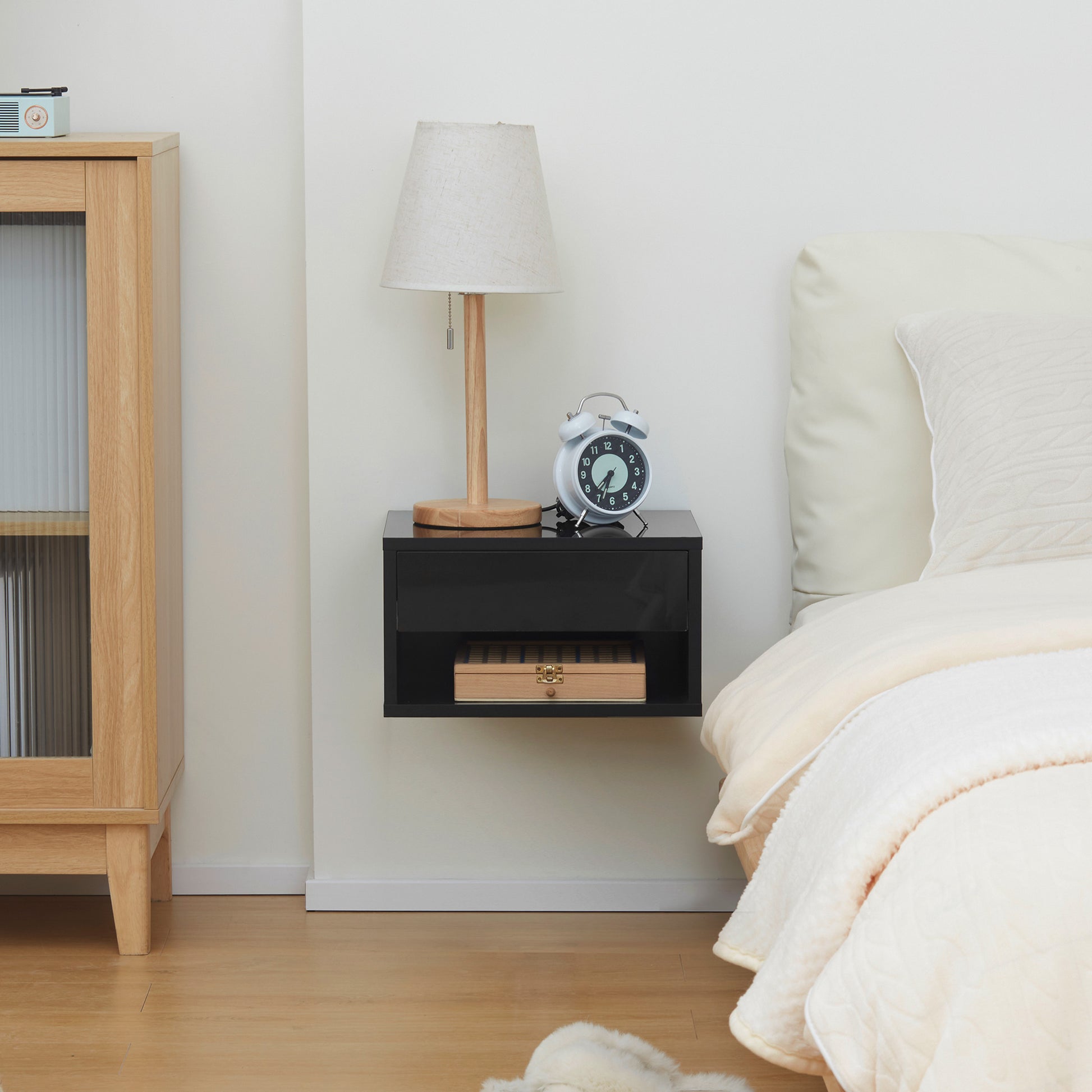 Set of 2 wall-mounted bedside tables nightstand - sliding drawer, niche, tabletop - wood dim. 37L x 32W x 21H cm black