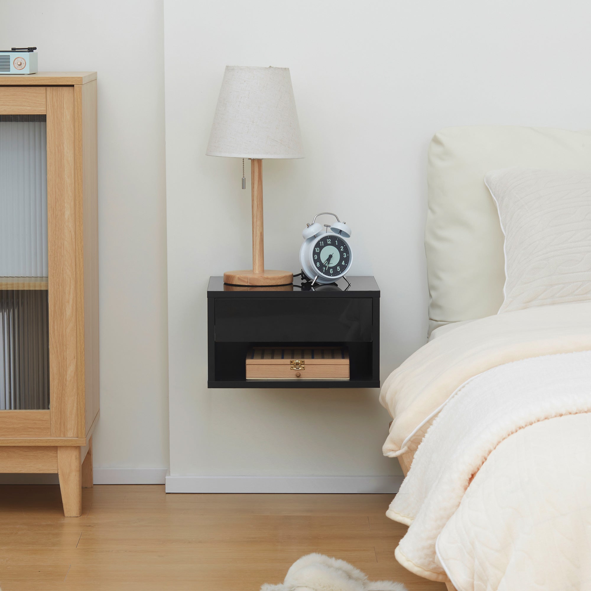 Set of 2 wall-mounted bedside tables nightstand - sliding drawer, niche, tabletop - wood dim. 37L x 32W x 21H cm black