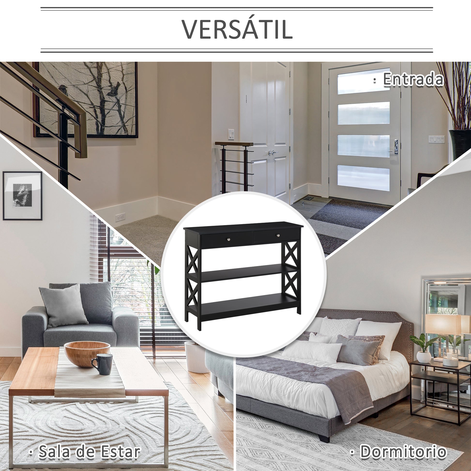 Entryway Console Table with 2 Drawers and 2 Lower Shelves Modern Furniture Raised Base Anti-Tip 100x30.5x80 cm Black