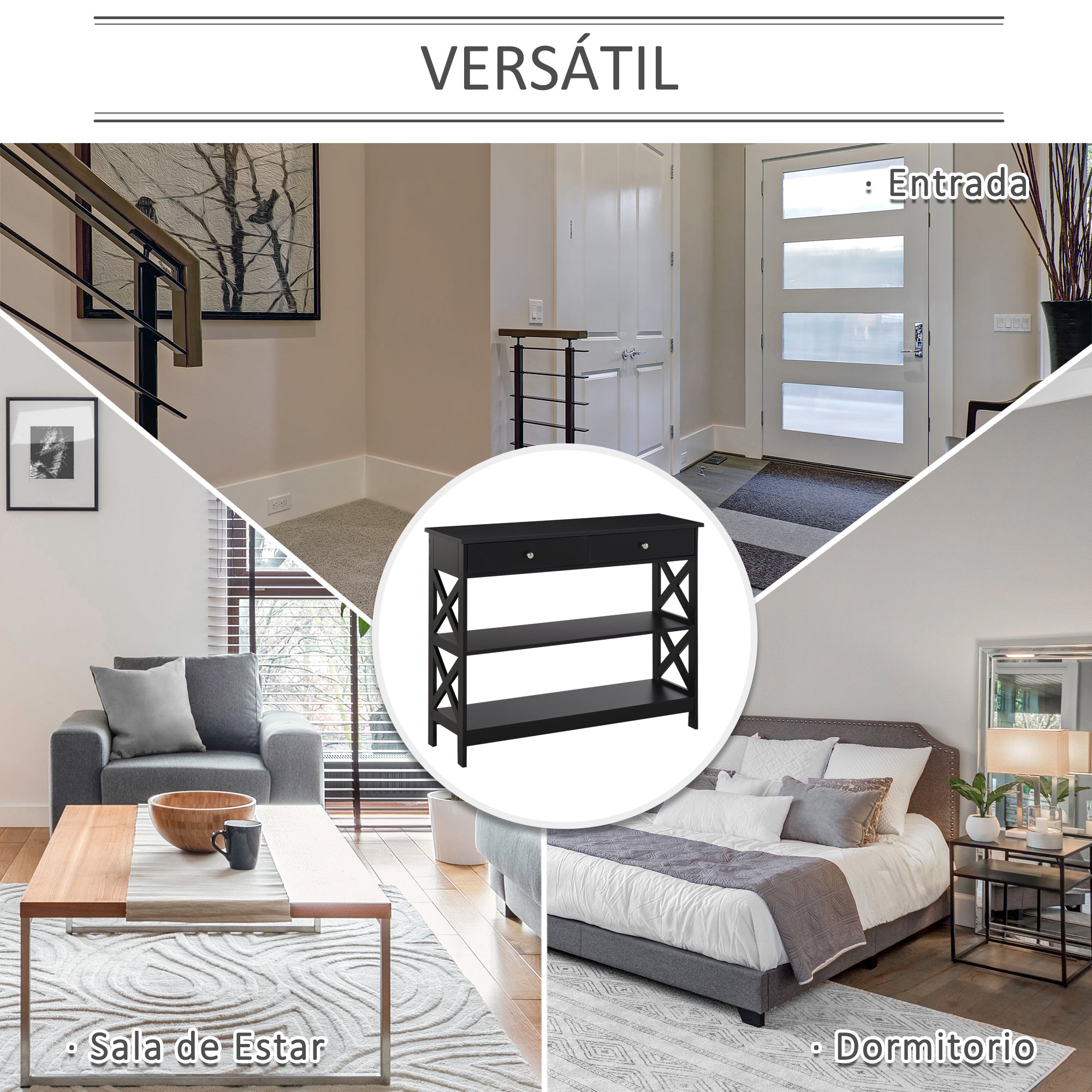 Entryway Console Table with 2 Drawers and 2 Lower Shelves Modern Furniture Raised Base Anti-Tip 100x30.5x80 cm Black