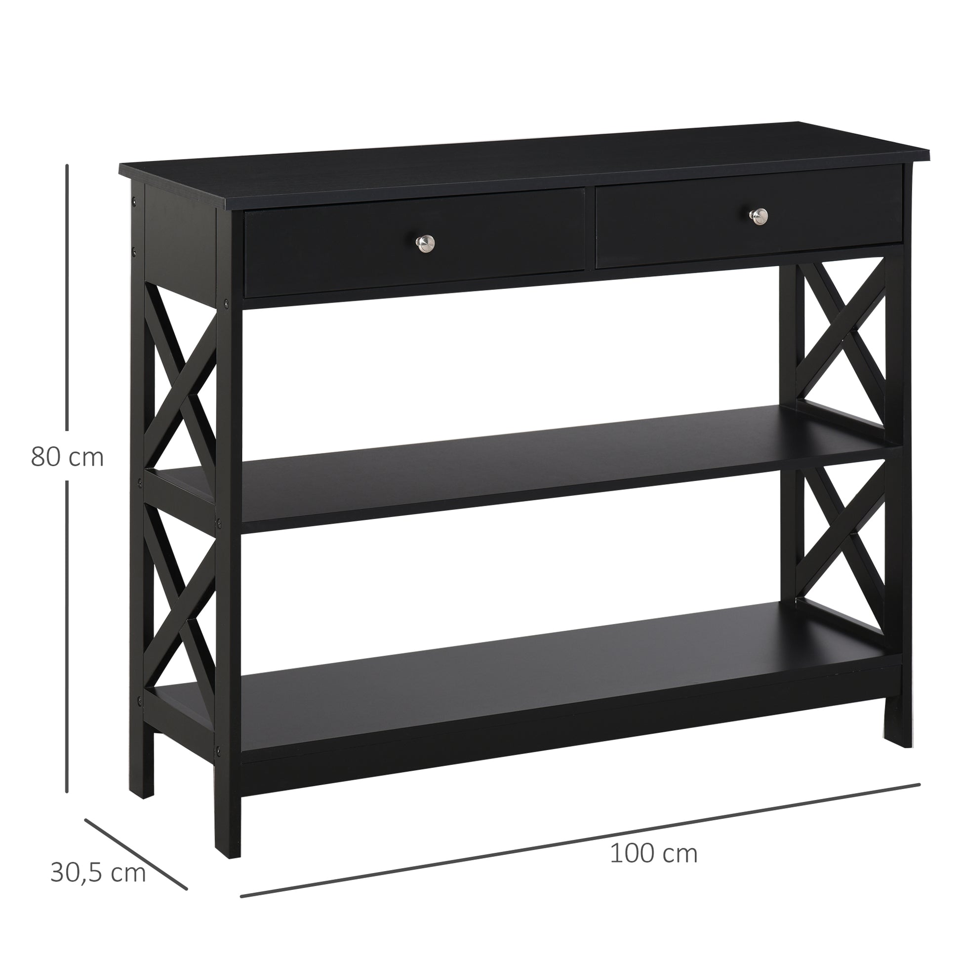 Entryway Console Table with 2 Drawers and 2 Lower Shelves Modern Furniture Raised Base Anti-Tip 100x30.5x80 cm Black