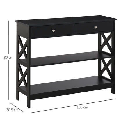 Entryway Console Table with 2 Drawers and 2 Lower Shelves Modern Furniture Raised Base Anti-Tip 100x30.5x80 cm Black