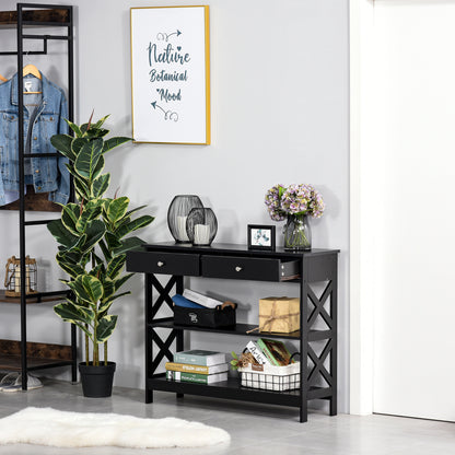 Entryway Console Table with 2 Drawers and 2 Lower Shelves Modern Furniture Raised Base Anti-Tip 100x30.5x80 cm Black