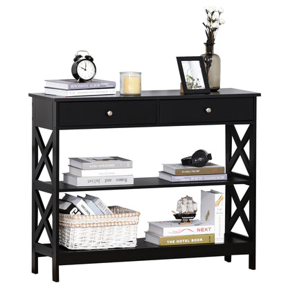 Entryway Console Table with 2 Drawers and 2 Lower Shelves Modern Furniture Raised Base Anti-Tip 100x30.5x80 cm Black
