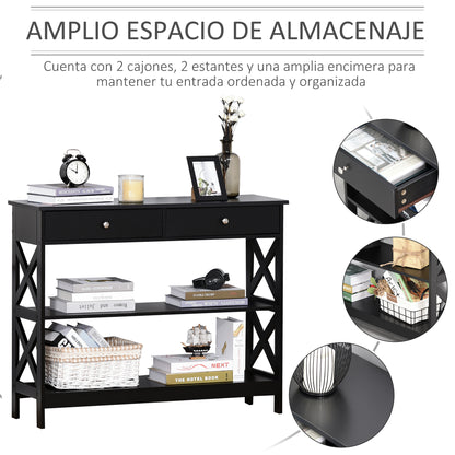 Entryway Console Table with 2 Drawers and 2 Lower Shelves Modern Furniture Raised Base Anti-Tip 100x30.5x80 cm Black