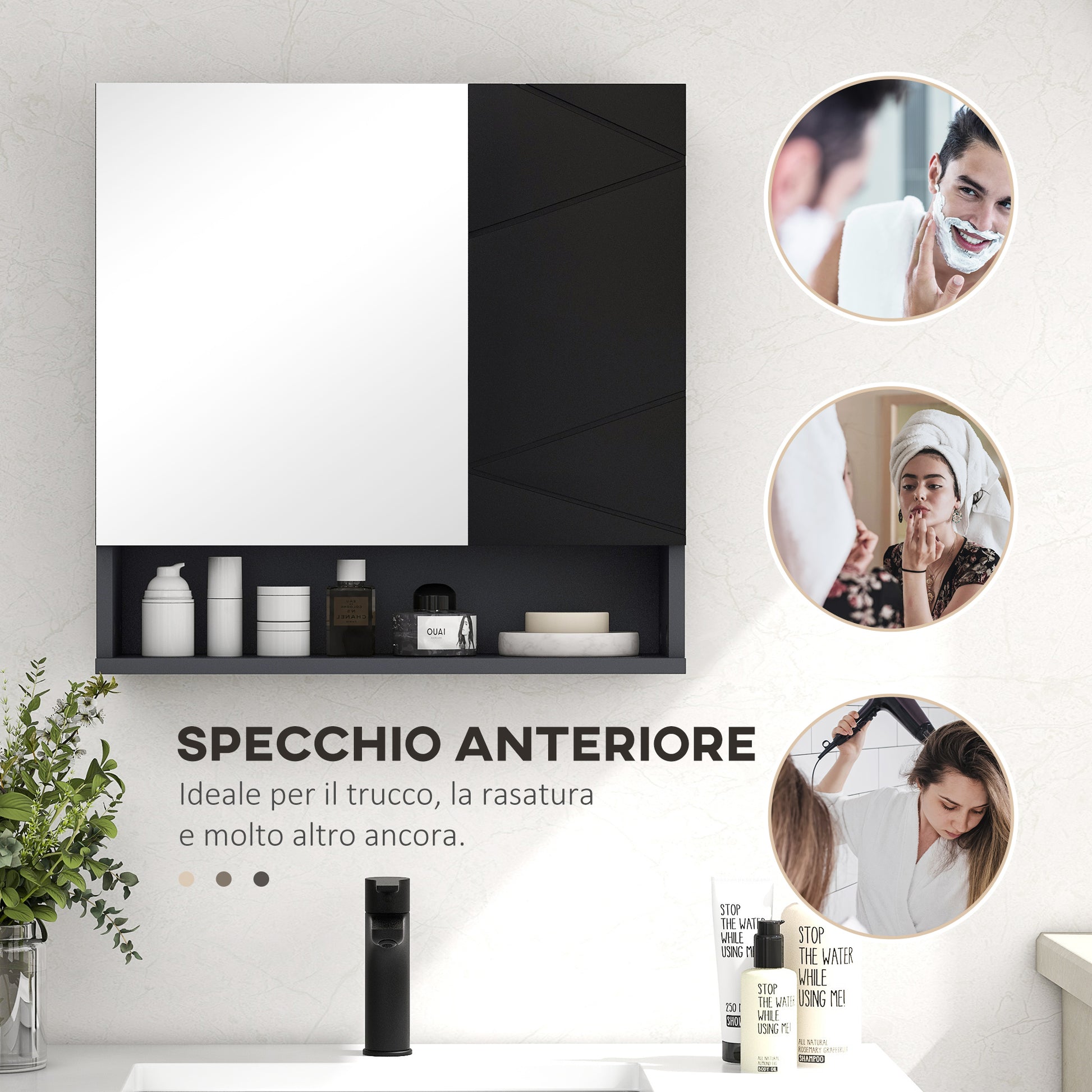 Bathroom Cabinet with Mirror and 2 Doors, Wall Mounted Bathroom Mirror with Adjustable Shelves in Wood, 55x17x55cm, Black
