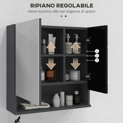 Bathroom Cabinet with Mirror and 2 Doors, Wall Mounted Bathroom Mirror with Adjustable Shelves in Wood, 55x17x55cm, Black