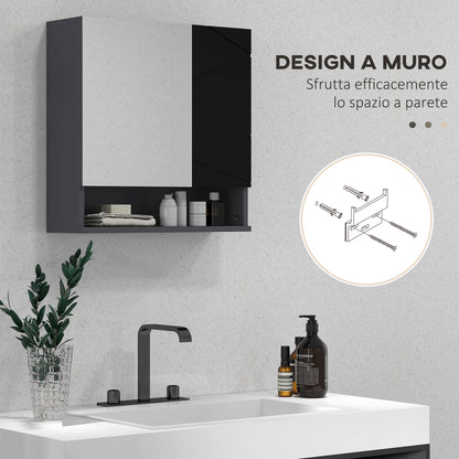 Bathroom Cabinet with Mirror and 2 Doors, Wall Mounted Bathroom Mirror with Adjustable Shelves in Wood, 55x17x55cm, Black