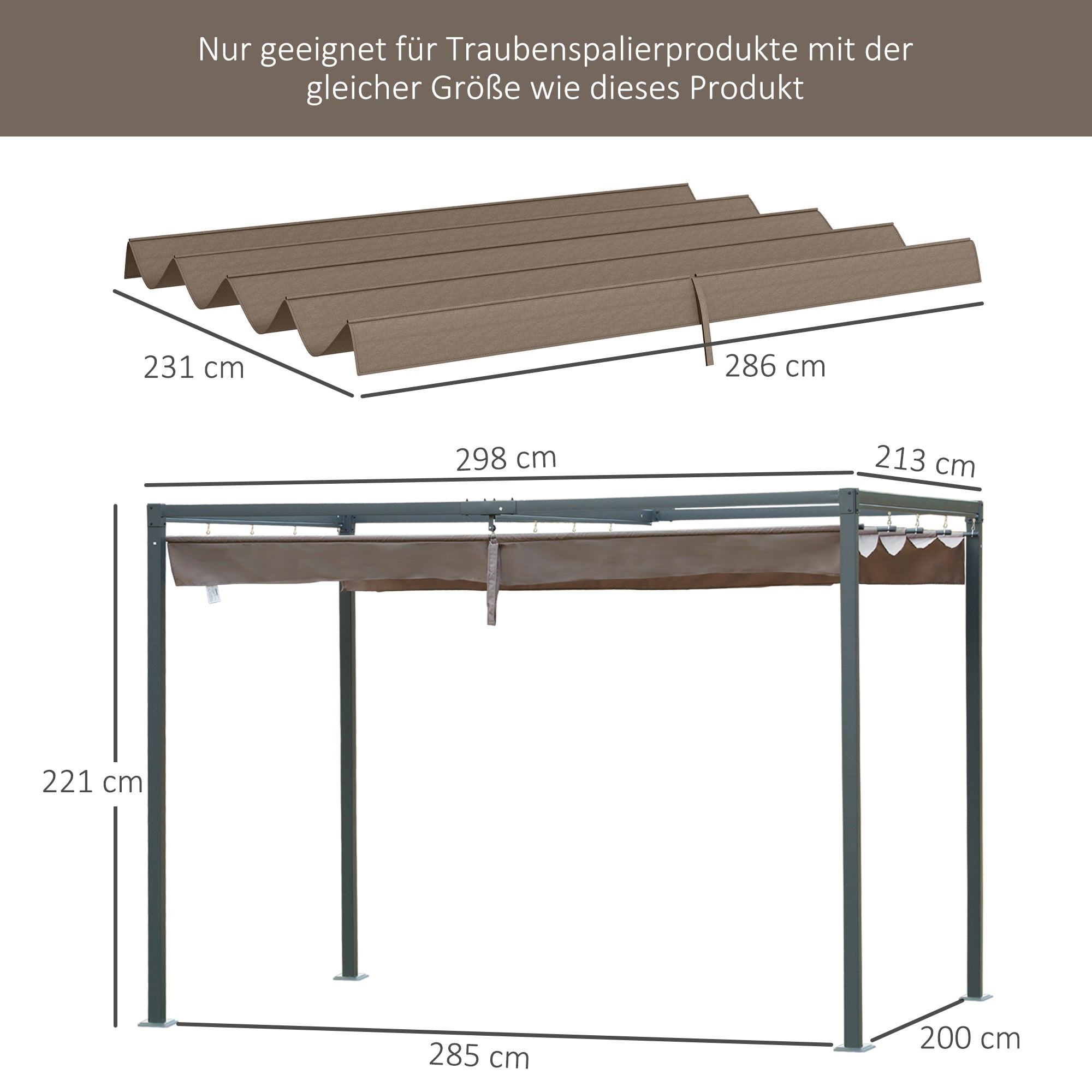 Replacement Canopy for 2.85 x 2 m Pergola, water-repellent retractable Wave Canopy with rain drainage holes, UV protection 30+, winterproof Shade Cover for garden, balcony, terrace, Coffee