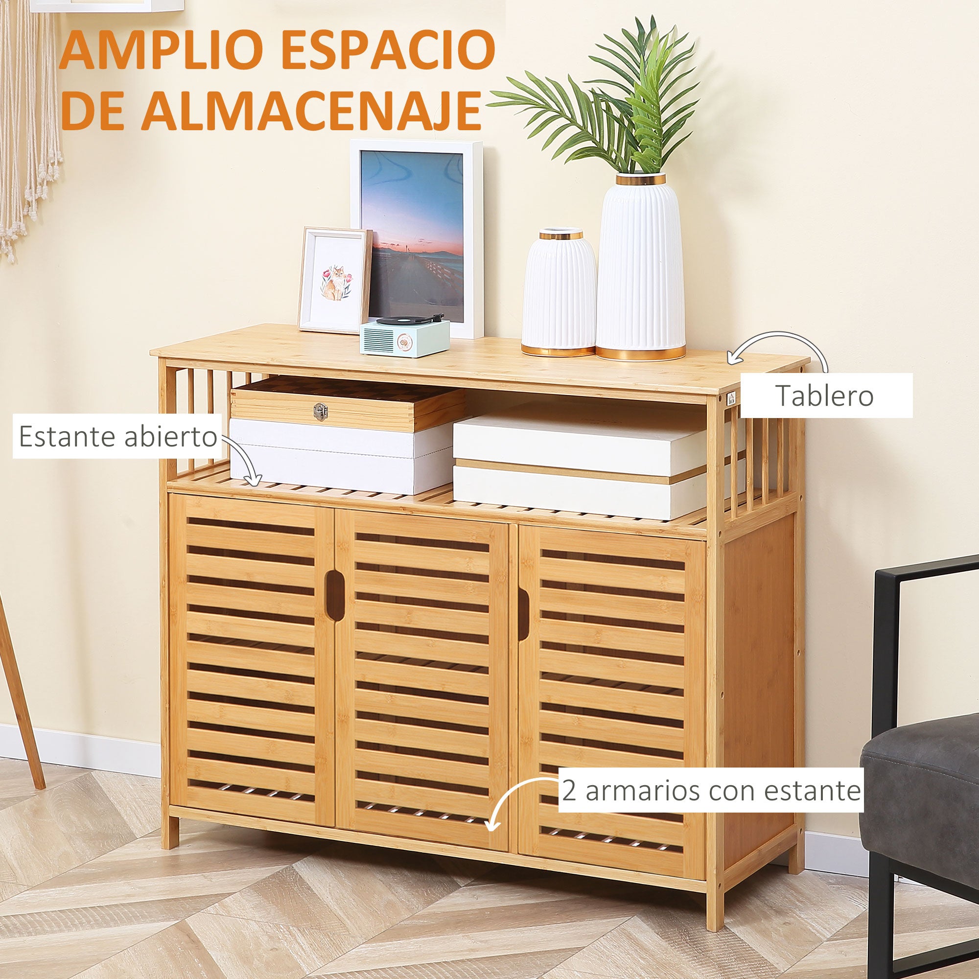 3 Slatted Door Bamboo Sideboard with Shelves for Living Room Dining Room Entryway Natural 100x35x82 cm