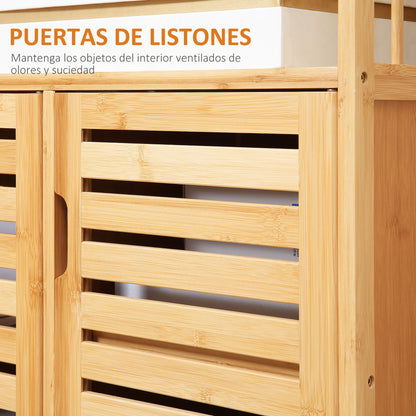 3 Slatted Door Bamboo Sideboard with Shelves for Living Room Dining Room Entryway Natural 100x35x82 cm