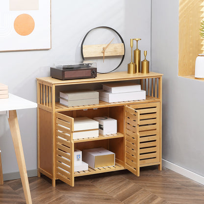 3 Slatted Door Bamboo Sideboard with Shelves for Living Room Dining Room Entryway Natural 100x35x82 cm
