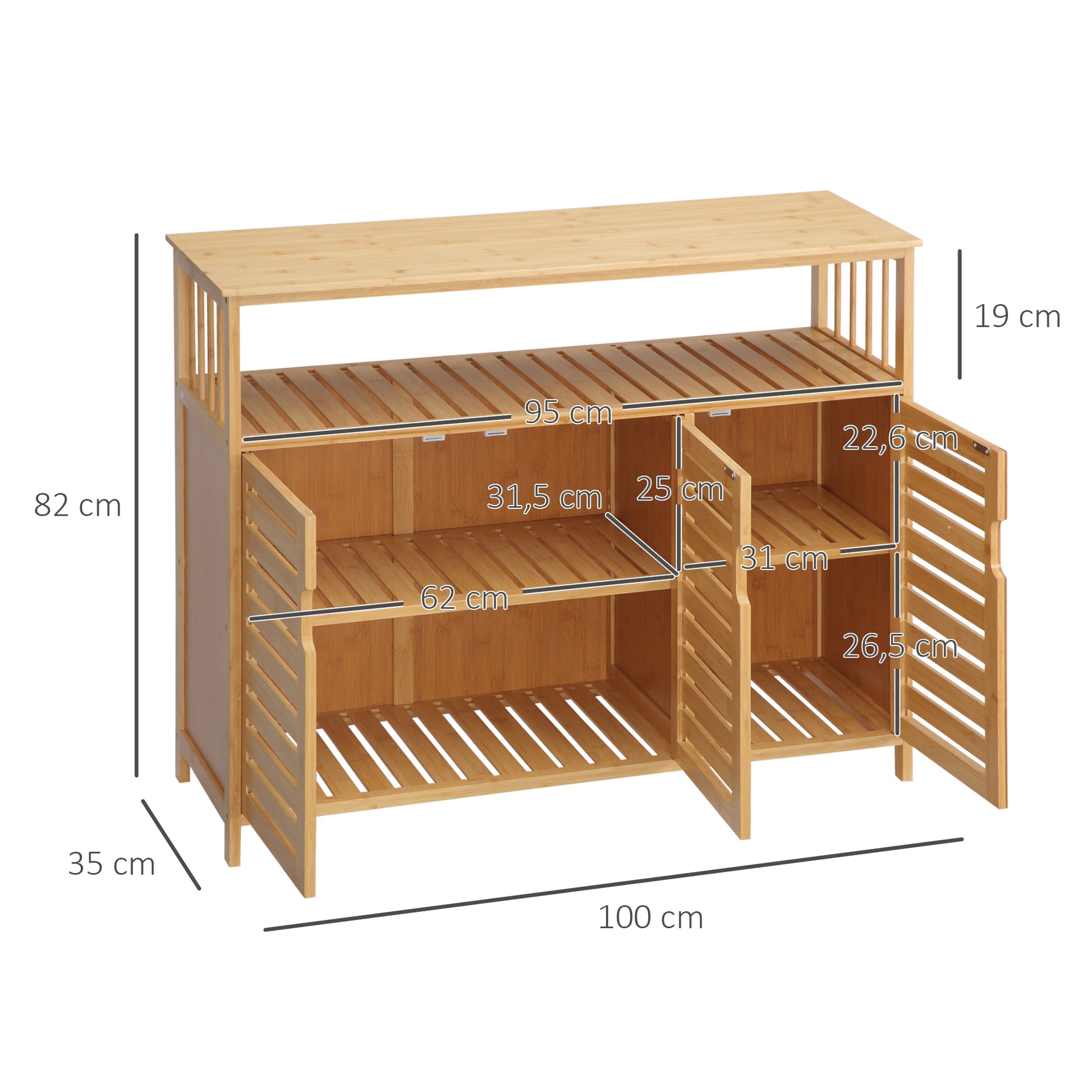 3 Slatted Door Bamboo Sideboard with Shelves for Living Room Dining Room Entryway Natural 100x35x82 cm