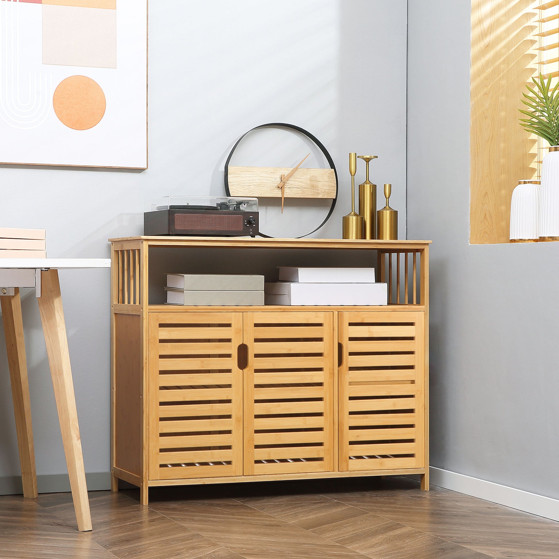 3 Slatted Door Bamboo Sideboard with Shelves for Living Room Dining Room Entryway Natural 100x35x82 cm