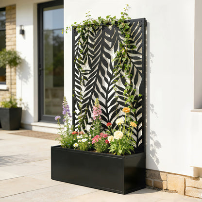 Metal Planter with Trellis and Tropical Leaf Privacy Panel, 61 x 23 x 113 cm (24 x 9.1 x 44.5 in), Black