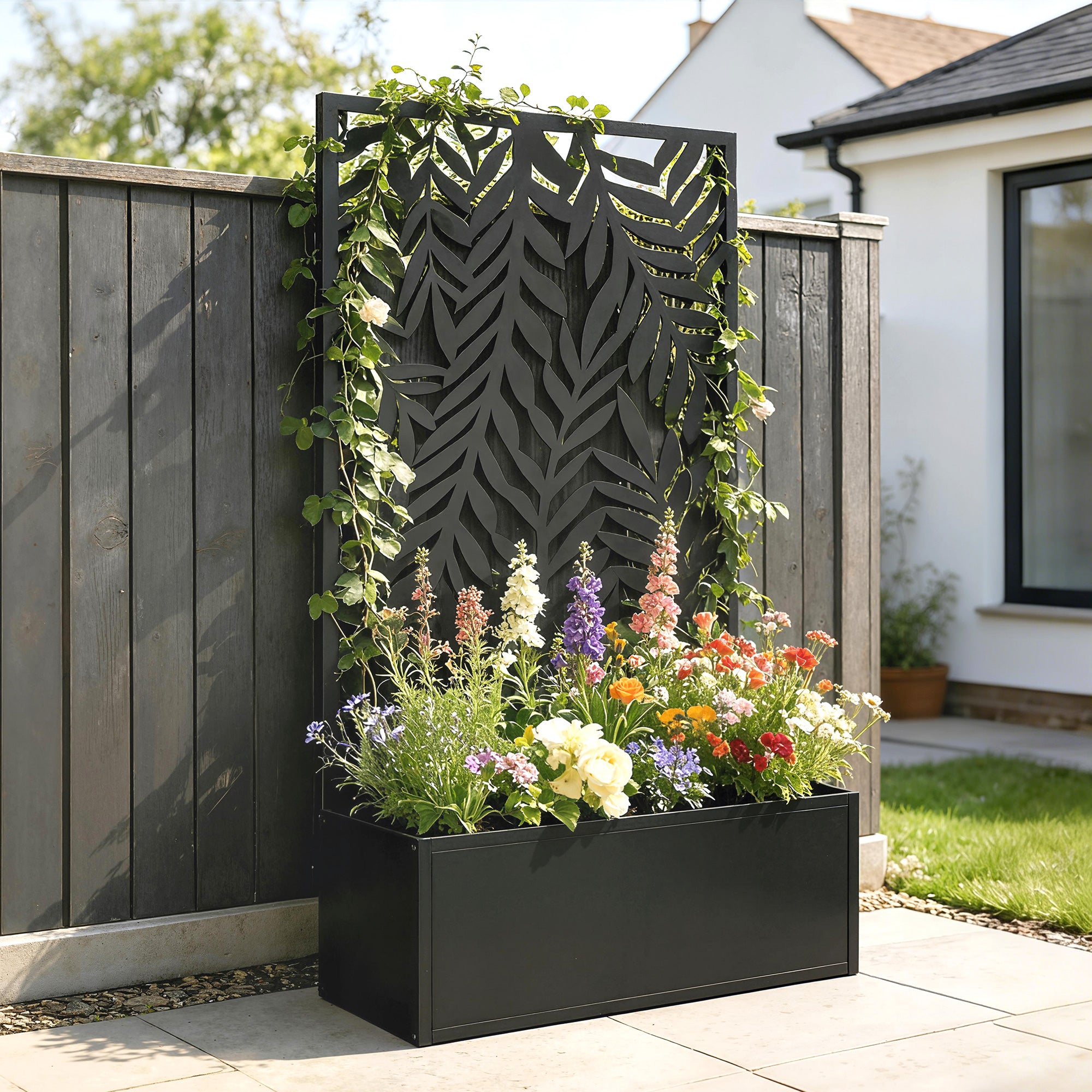 Metal Planter with Trellis and Tropical Leaf Privacy Panel, 61 x 23 x 113 cm (24 x 9.1 x 44.5 in), Black