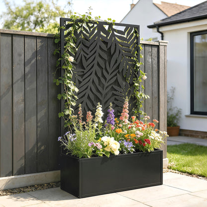Metal Planter with Trellis and Tropical Leaf Privacy Panel, 61 x 23 x 113 cm (24 x 9.1 x 44.5 in), Black