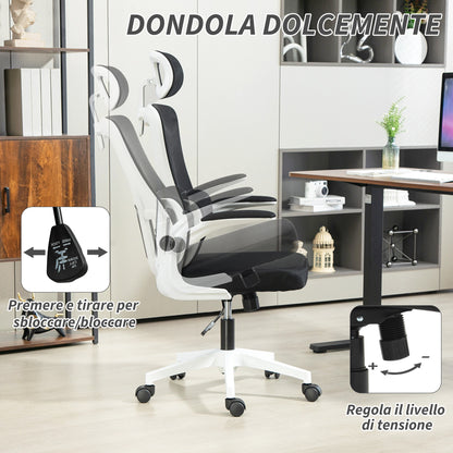 Ergonomic Office Chair with Lumbar Support, Foldable Armrests, Adjustable Headrest, Swivel Tiltable Desk Chair with High Backrest, Height Adjustable Mesh Chair, Black