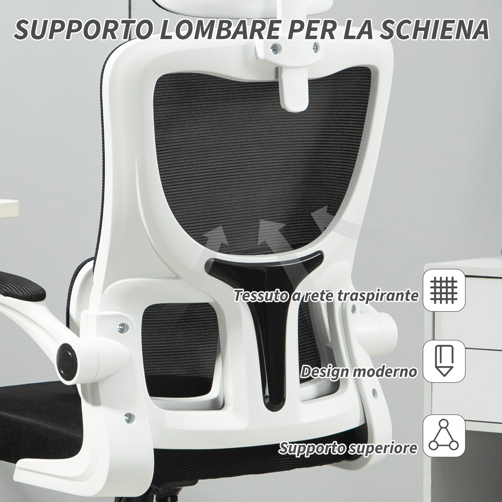 Ergonomic Office Chair with Lumbar Support, Foldable Armrests, Adjustable Headrest, Swivel Tiltable Desk Chair with High Backrest, Height Adjustable Mesh Chair, Black