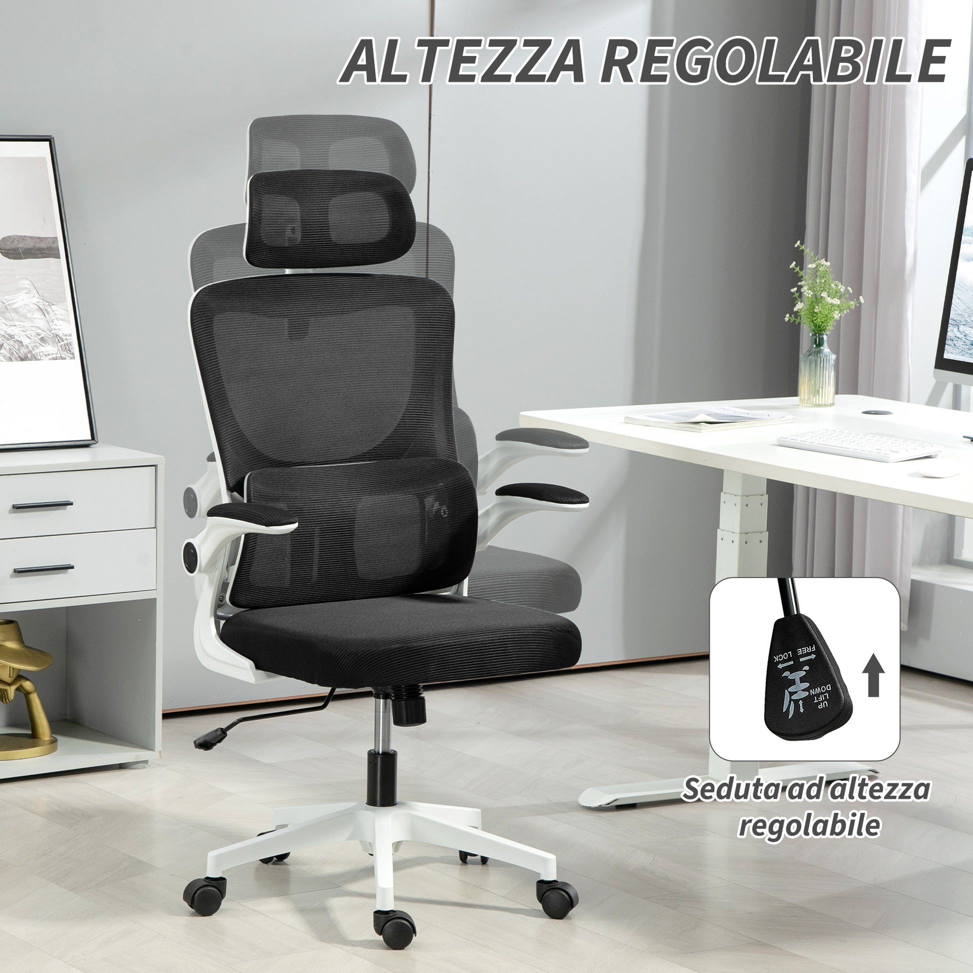 Ergonomic Office Chair with Lumbar Support, Foldable Armrests, Adjustable Headrest, Swivel Tiltable Desk Chair with High Backrest, Height Adjustable Mesh Chair, Black