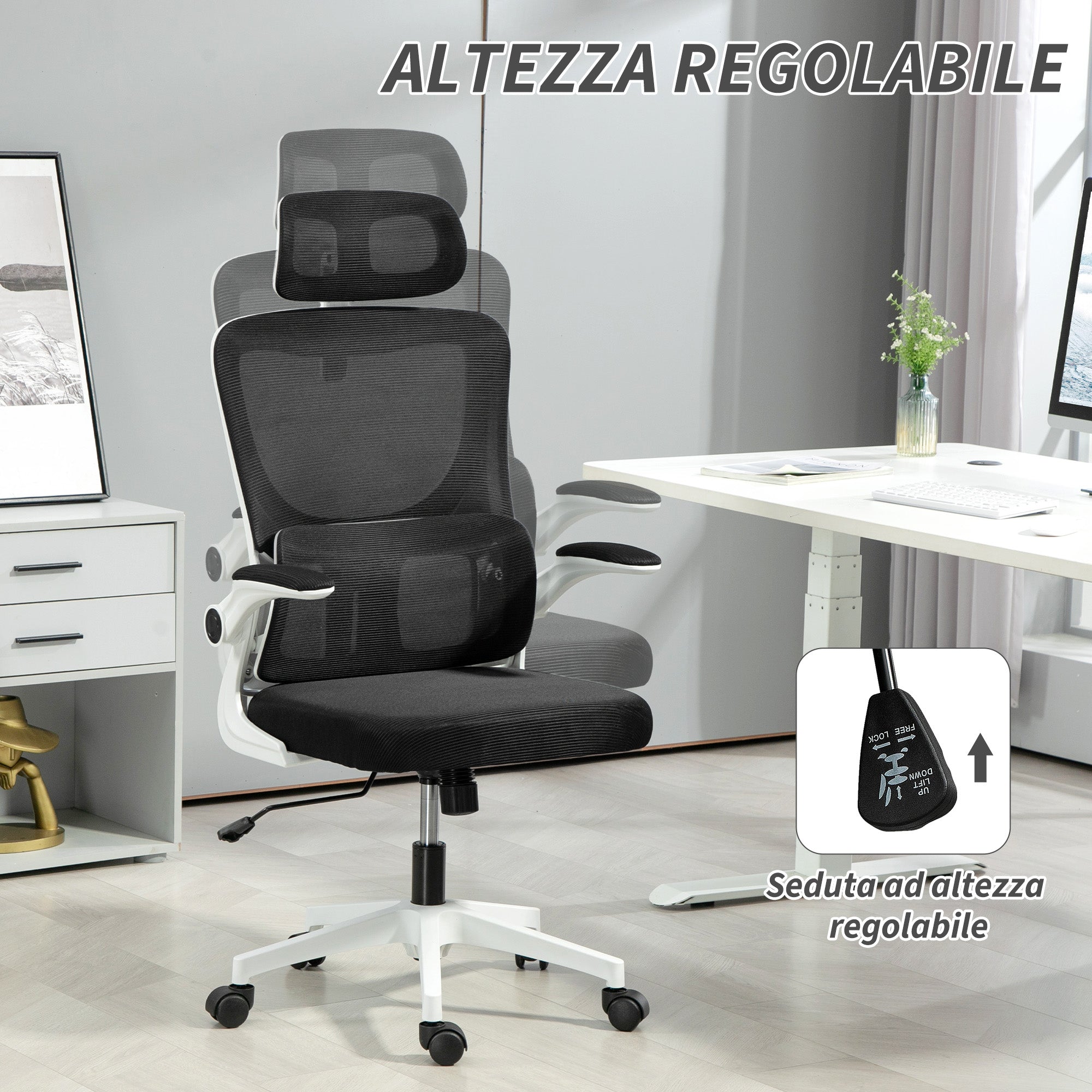 Ergonomic Office Chair with Lumbar Support, Foldable Armrests, Adjustable Headrest, Swivel Tiltable Desk Chair with High Backrest, Height Adjustable Mesh Chair, Black