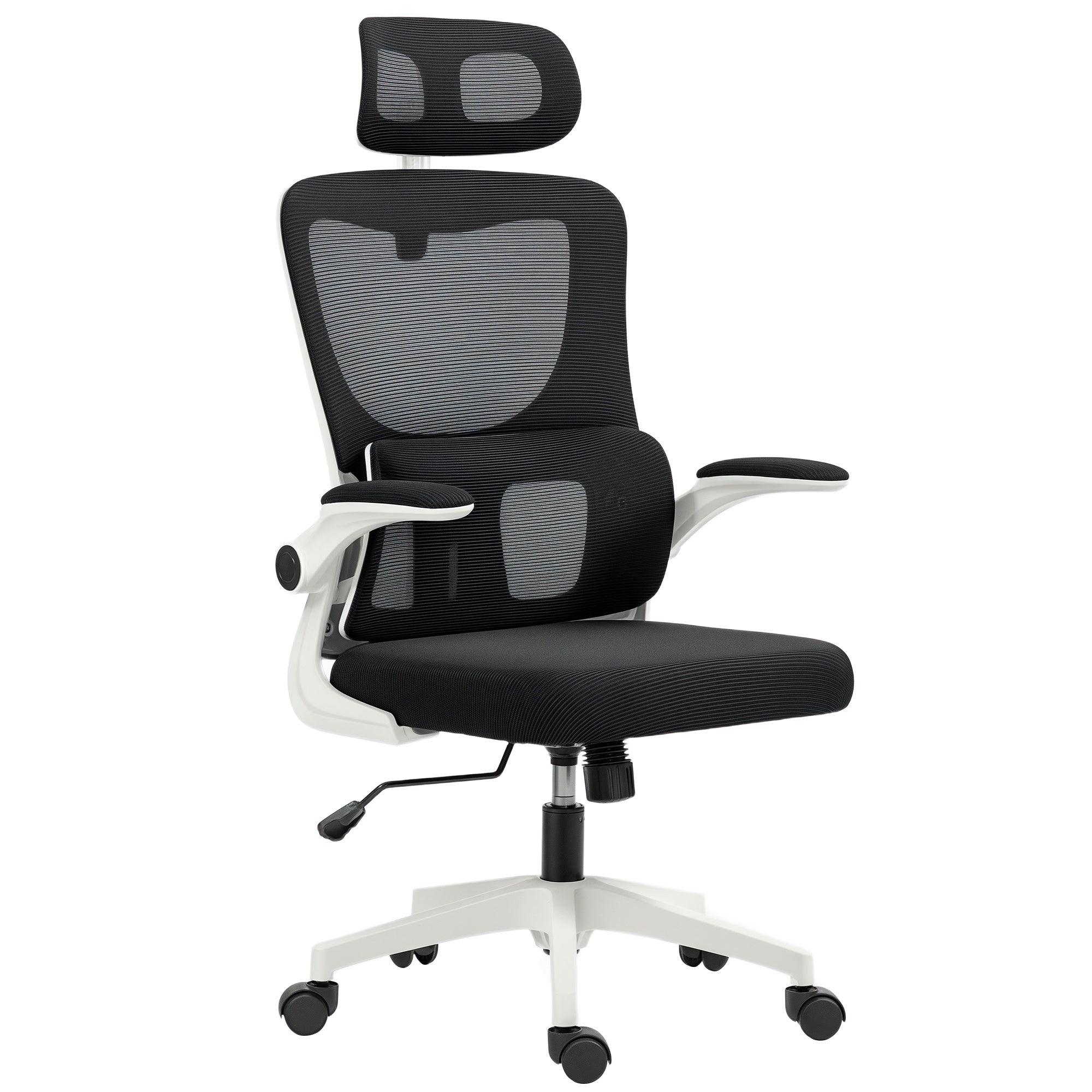 Ergonomic Office Chair with Lumbar Support, Foldable Armrests, Adjustable Headrest, Swivel Tiltable Desk Chair with High Backrest, Height Adjustable Mesh Chair, Black
