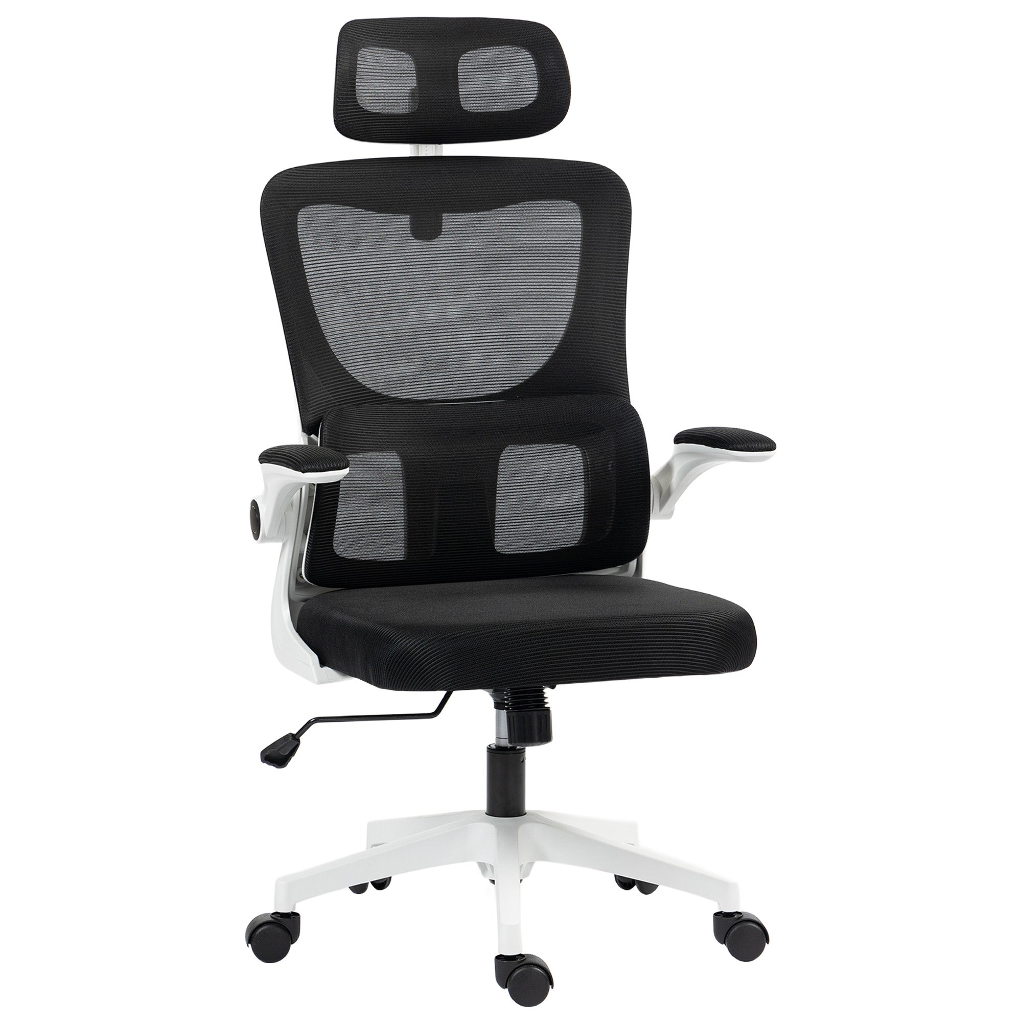 Ergonomic Office Chair with Lumbar Support, Foldable Armrests, Adjustable Headrest, Swivel Tiltable Desk Chair with High Backrest, Height Adjustable Mesh Chair, Black