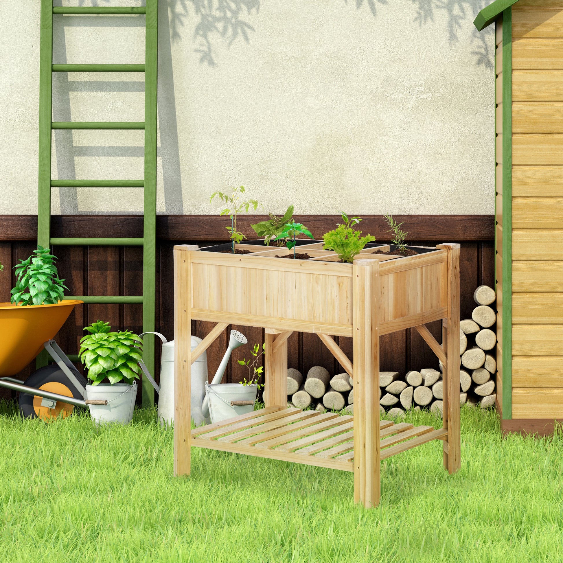 Wooden Urban Garden 78.5x58x81 cm Planter Table with 6 Compartments and Lower Shelf for Plants Flowers in Garden Terrace Outdoor Natural Color