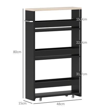 3-Tier Storage Cart Storage Shelf on Wheels for Narrow Kitchen Bathroom Laundry Office with Handle - 48 x 15 x 80 cm Black