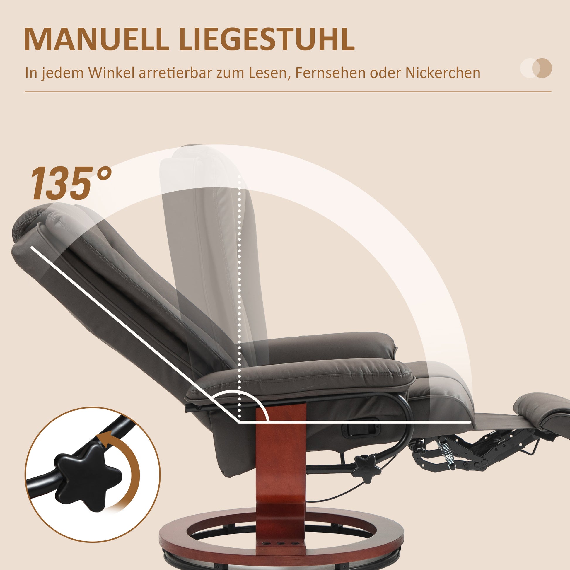 Reclining Armchair TV Armchair with Reclining Function, Swivel Recliner TV Armchair with Adjustable Backrest Recliner up to 150 kg Load Capacity, Artificial Leather, Brown