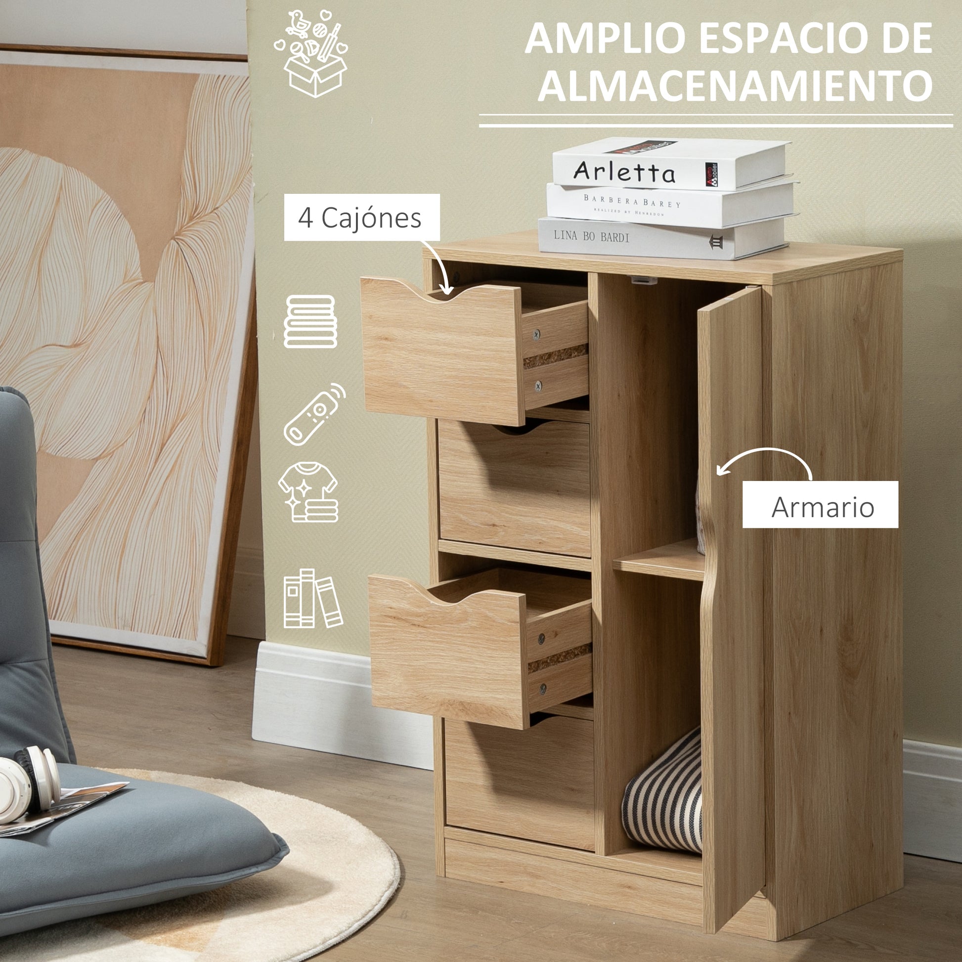 Living Room Sideboard with 4 Drawers, 1 Door, and Inner Shelf Storage Unit for Bathroom Bedroom Dining Room 54x29x83 cm Oak