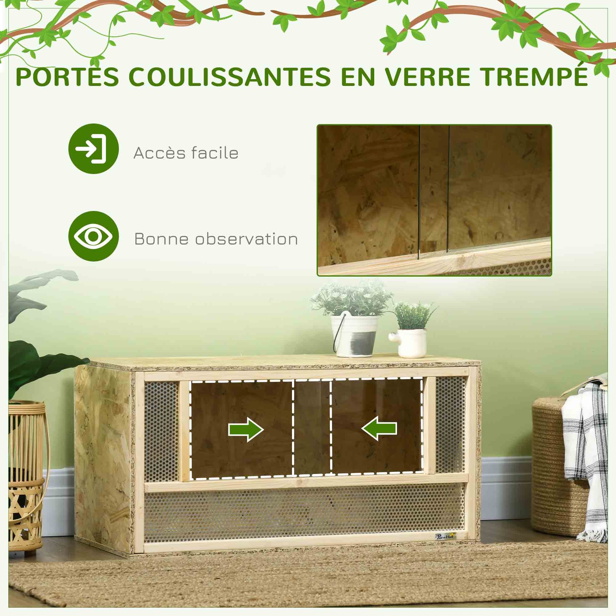 OSB Wooden Terrarium for Reptiles and Amphibians with Sliding Glass Door - 80 x 40 x 40 cm Natural